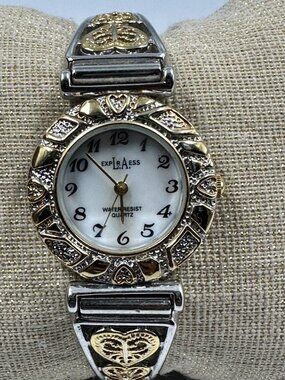 3/$30 LA Express Watch Women Silver Gold Two Tone Heart Stretch Band New Battery
